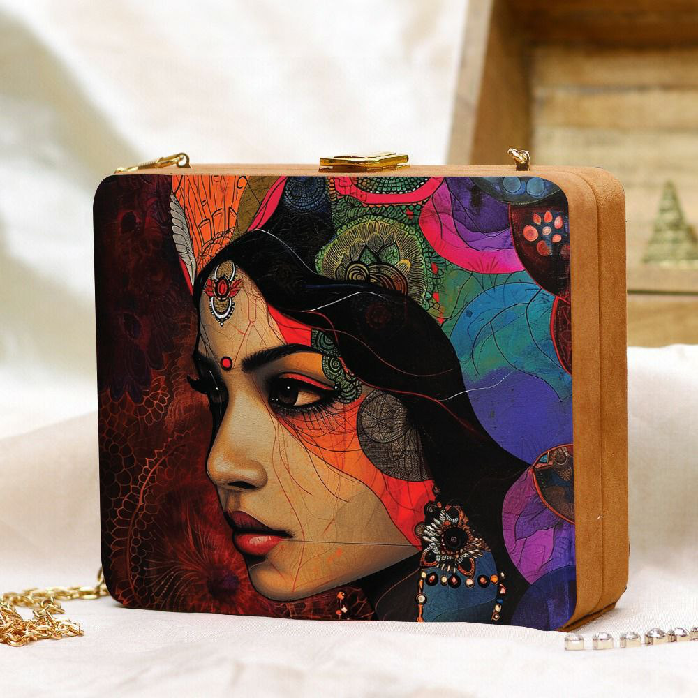 Multicolored Abstract Face Printed MDF Clutch
