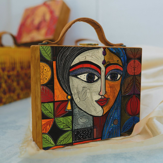 Multicolored Indian Woman Portrait Printed Briefcase Clutch