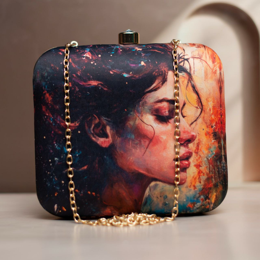 Multicoloured Side Face Women Portrait Printed Clutch