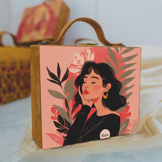 Pink Based Indian Woman In Black Dress Printed Briefcase Clutch