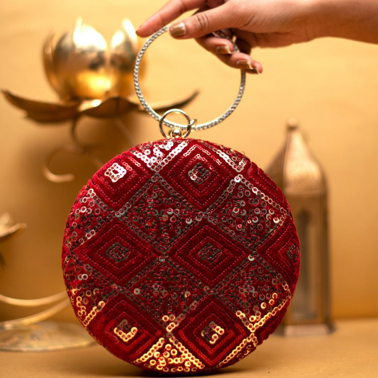 Red And Gold Sequins Round Party Clutch