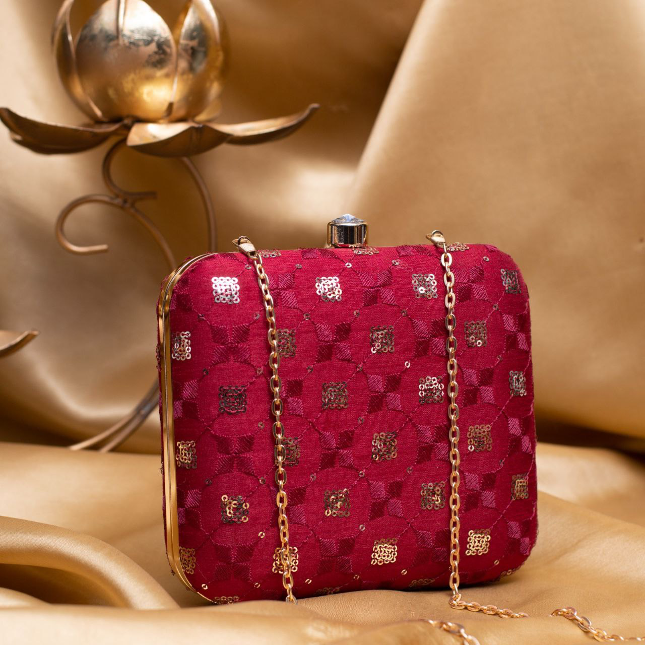 Red Based Silver Sequins Embroidery Clutch