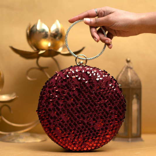 Red Sequins Embroidery Round Clutch