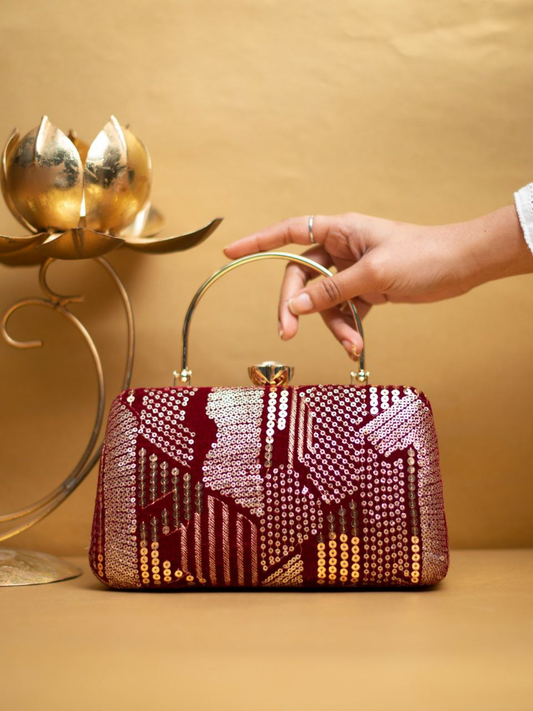 Red Sequins Multipattern Embroidery Party Clutch