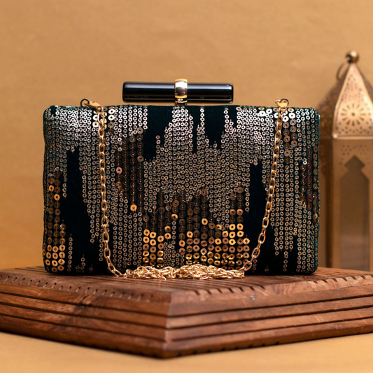 Silver Sequins Black Embroidery Clutch