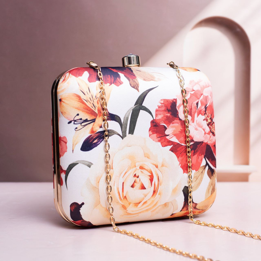 White Based Pink Floral Printed Clutch