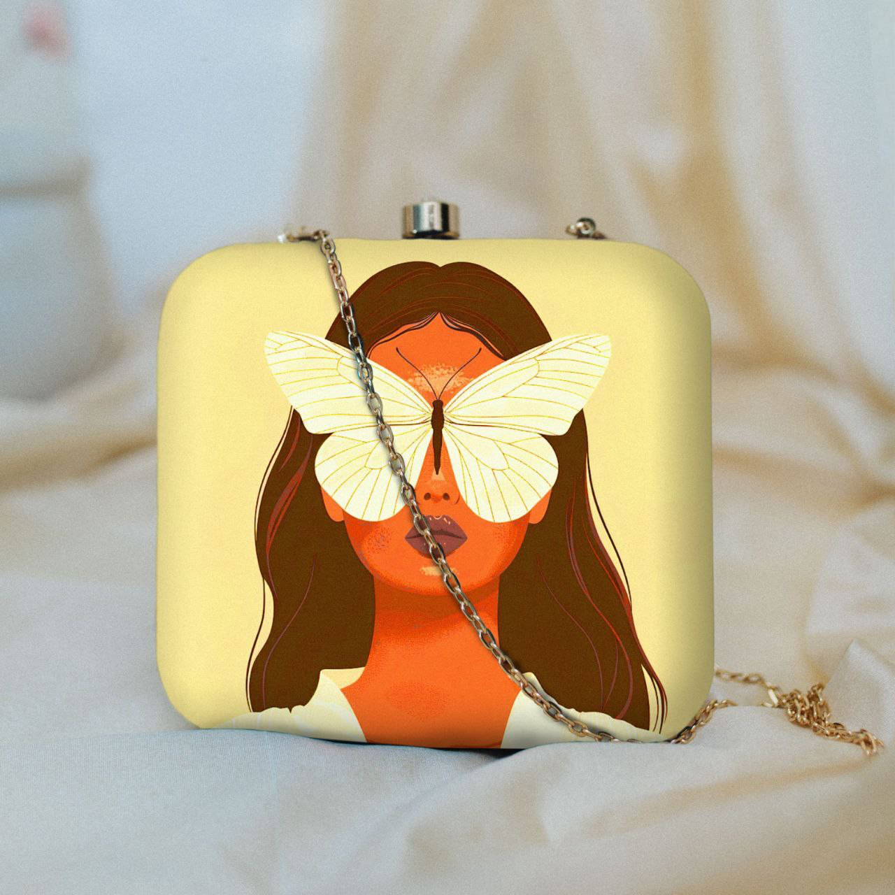 White Butterfly Girl Face Printed Clutch