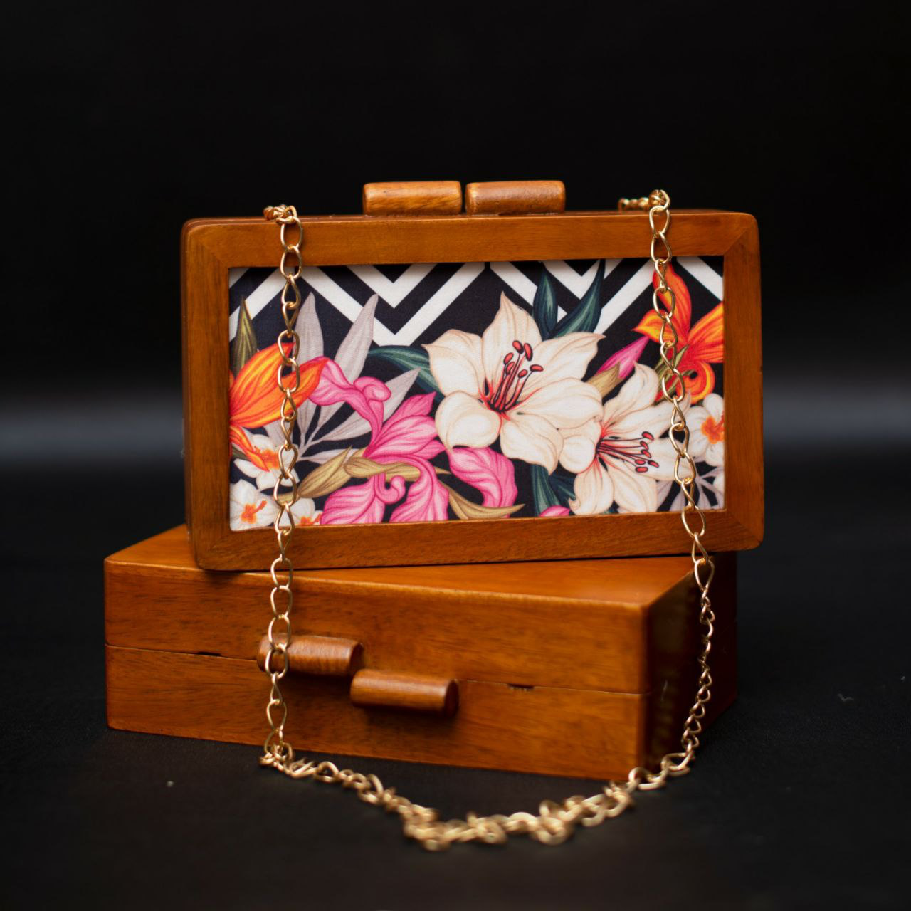 White Floral Wooden Printed Clutch