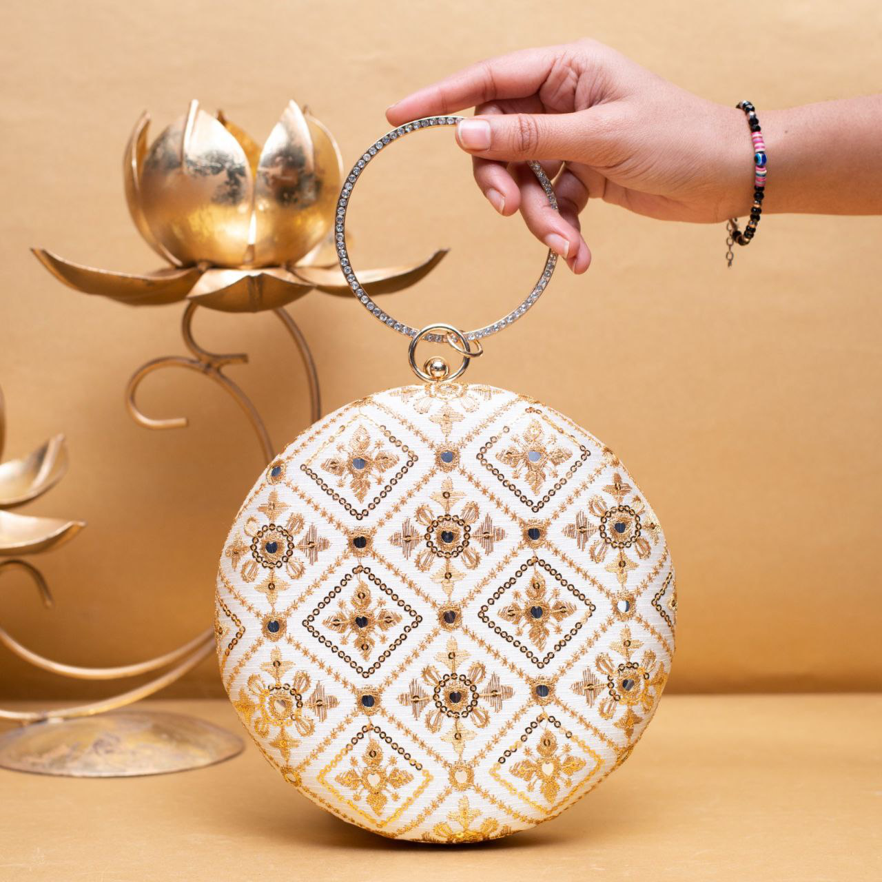 White Goldon Embroidery Round Clutch