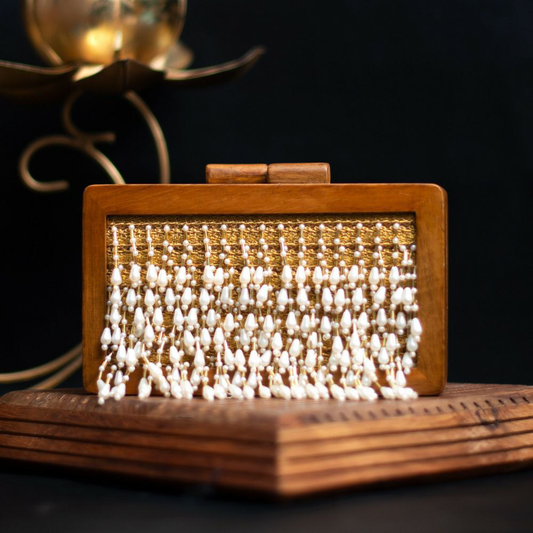 White Pearl Tassel Embellished Wooden Clutch