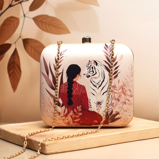 White Tiger And Women With Printed Clutch
