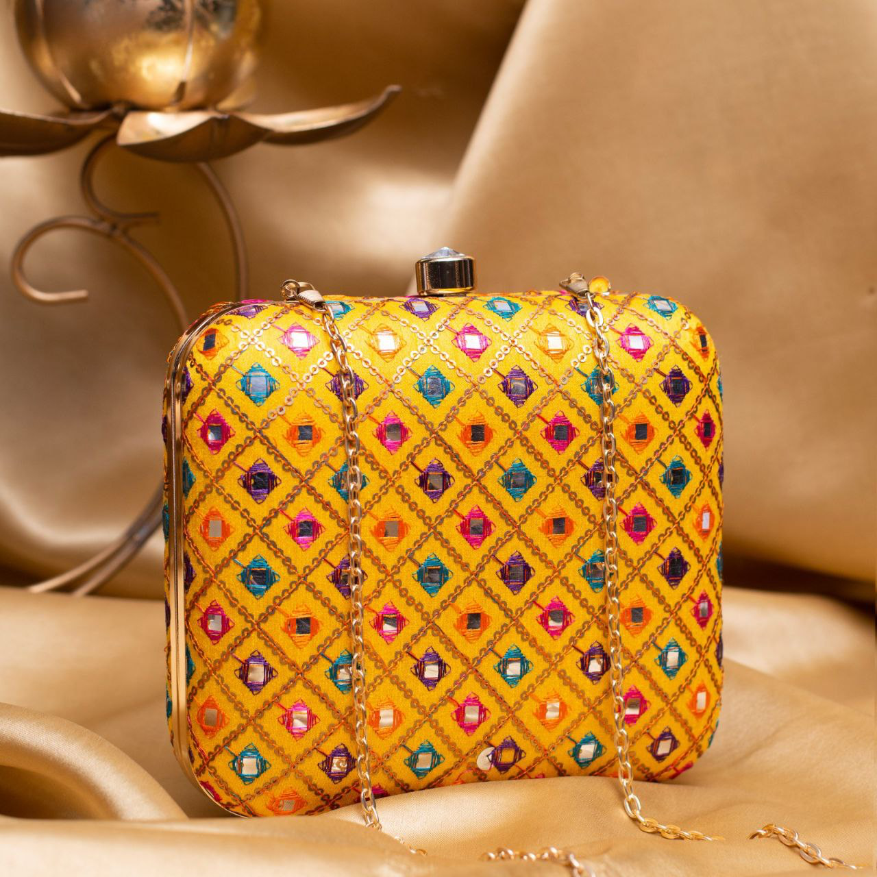 Yellow Based Multicolored Sequins Embroidery Clutch