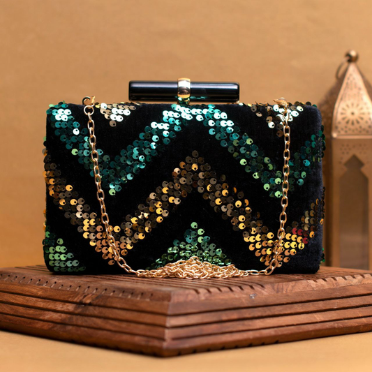 Zig-Zag Fushia & Green Gold Sequins Party Clutch