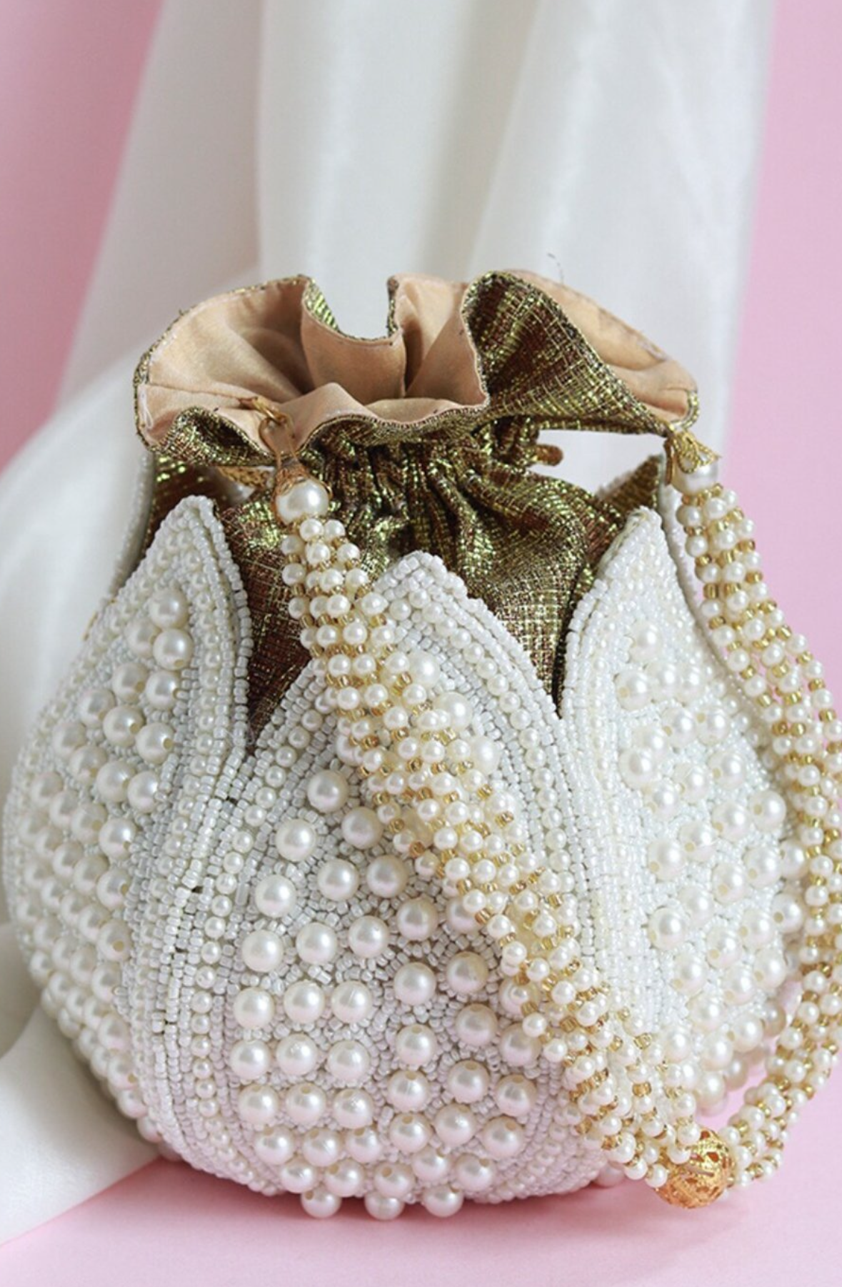 white Lotus Potli With Beautiful Design