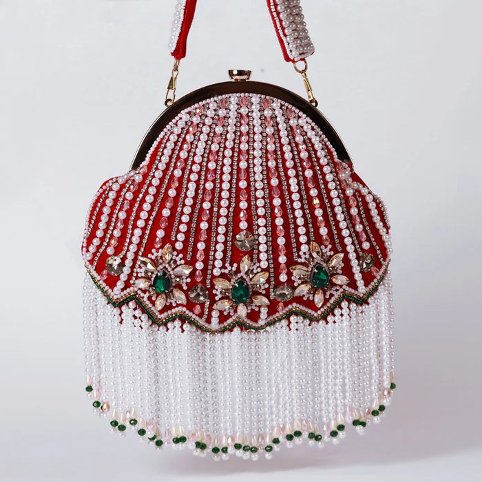 Red Embroidered Pearl Beads Potli Clutch