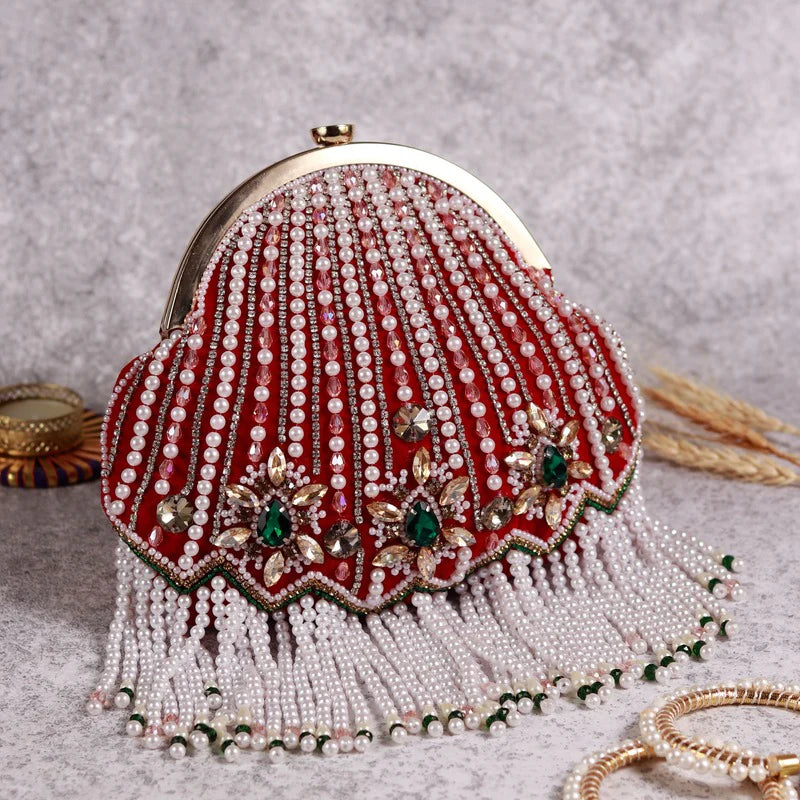 Red Embroidered Pearl Beads Potli Clutch