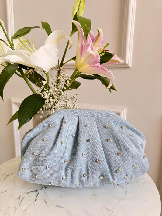 Crystal-Studded Denim Clutch