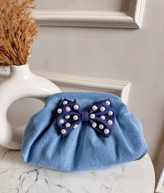 Pearl Charm Denim Clutch