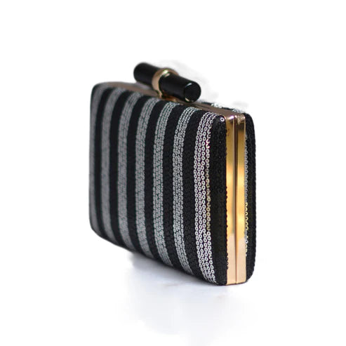 Black and Silver Sequins Fabric Party Clutch