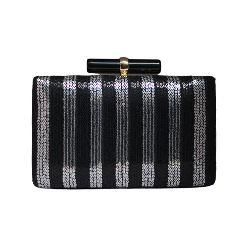 Black and Silver Sequins Fabric Party Clutch