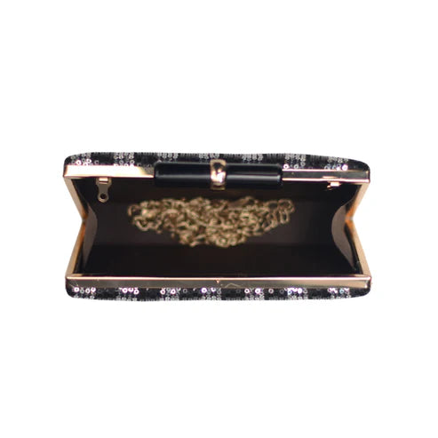 Black and Silver Sequins Fabric Party Clutch