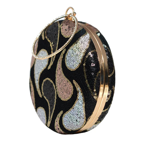 Black Sequin Embroidery Round Clutch