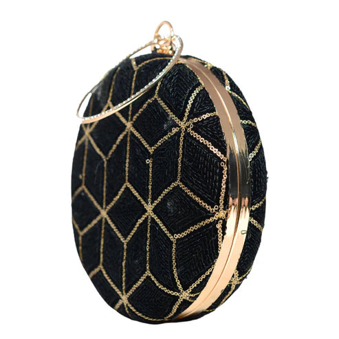 Black And Gold Sequins Round Clutch