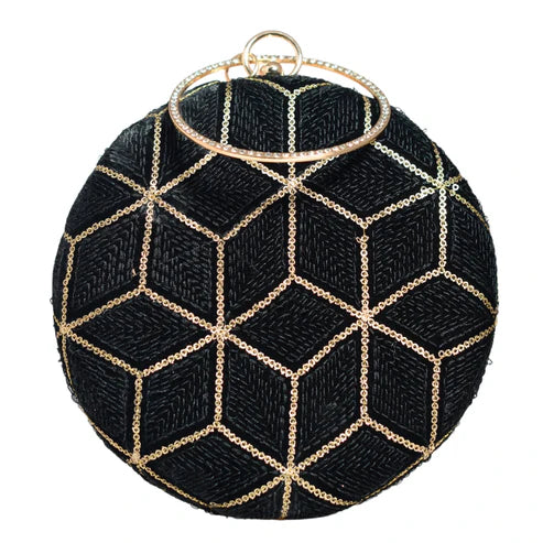 Black And Gold Sequins Round Clutch