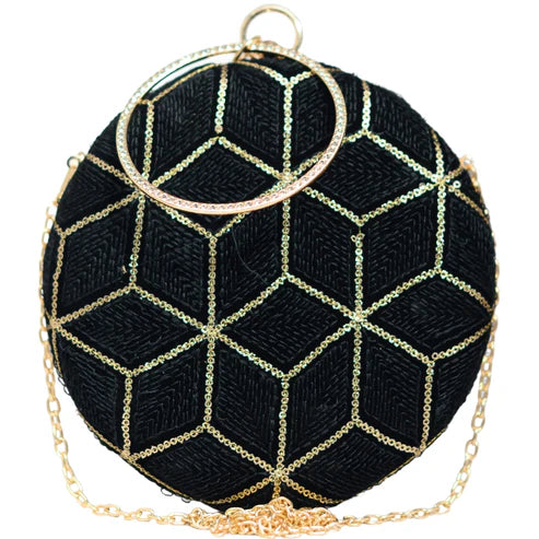 Black And Gold Sequins Round Clutch