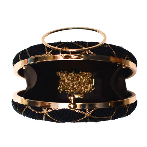 Black And Gold Sequins Round Clutch