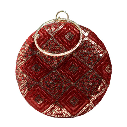 Red And Gold Sequins Round Party Clutch