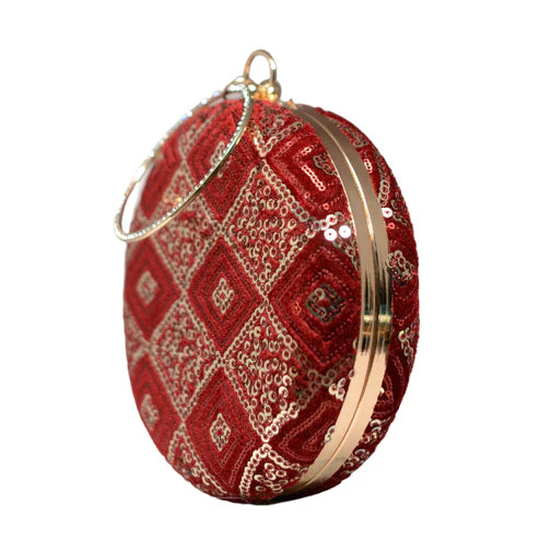 Red And Gold Sequins Round Party Clutch