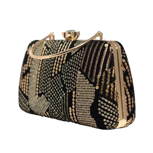 Black Sequins Multipattern Embroidery Party Clutch