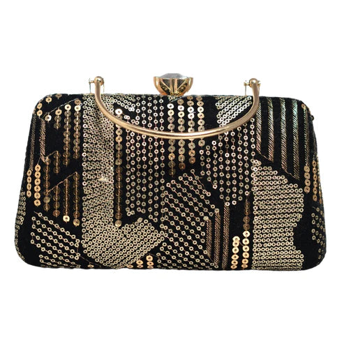 Black Sequins Multipattern Embroidery Party Clutch