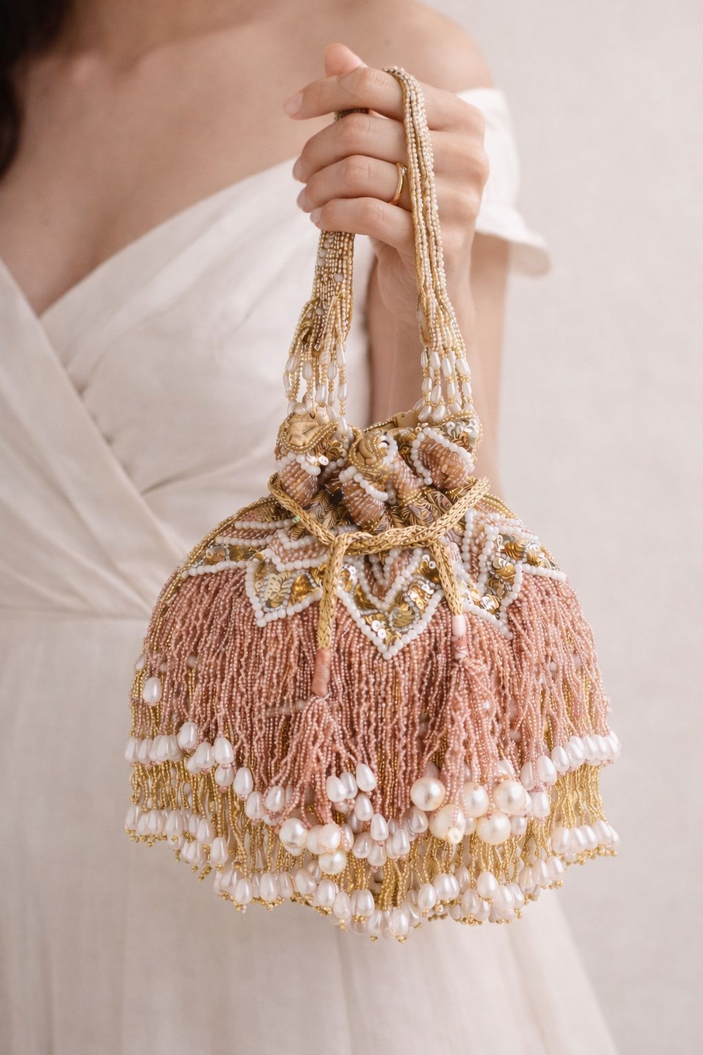 Zaira Pearl Fringe Potli Bag
