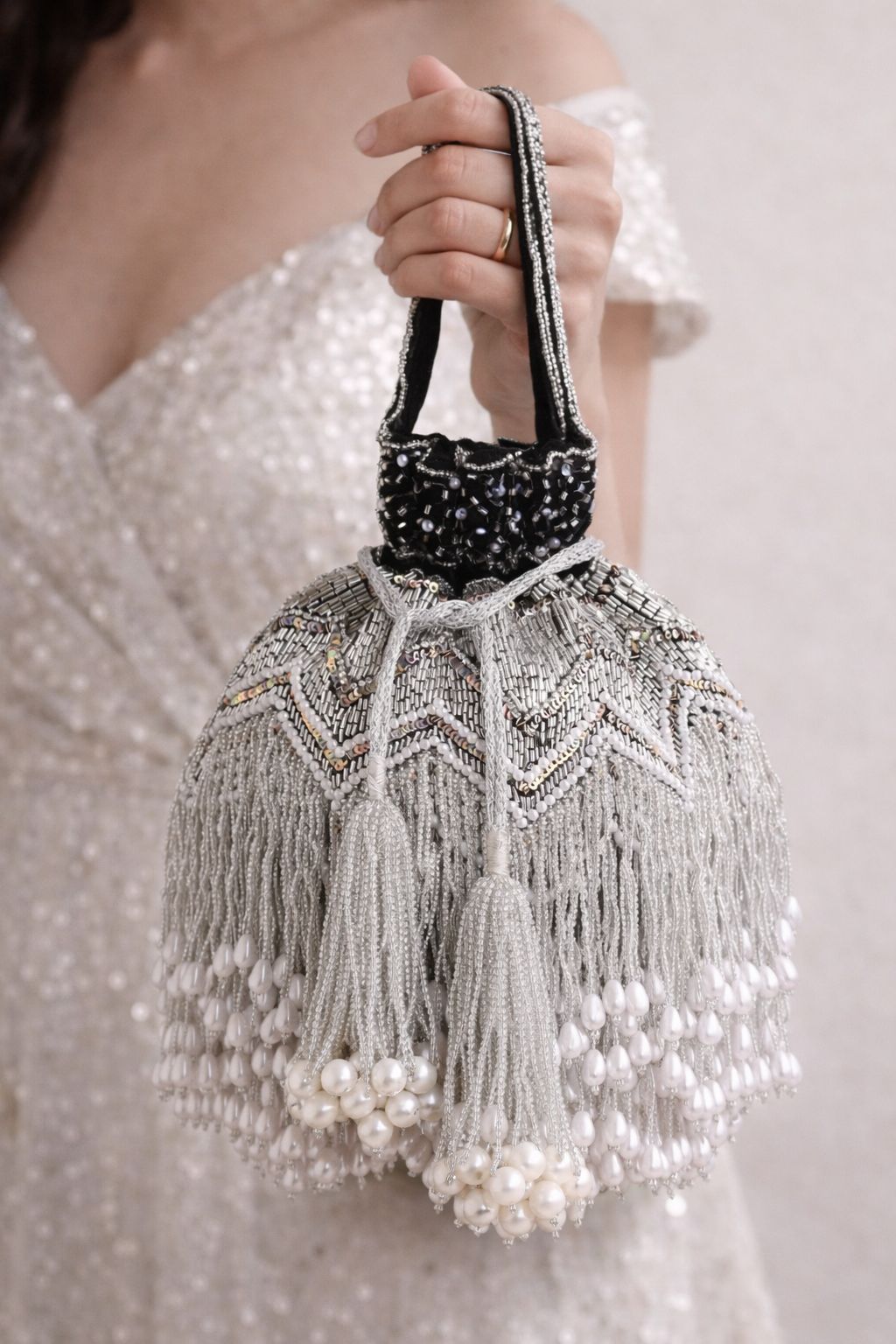 Zaira Pearl Fringe Potli Bag