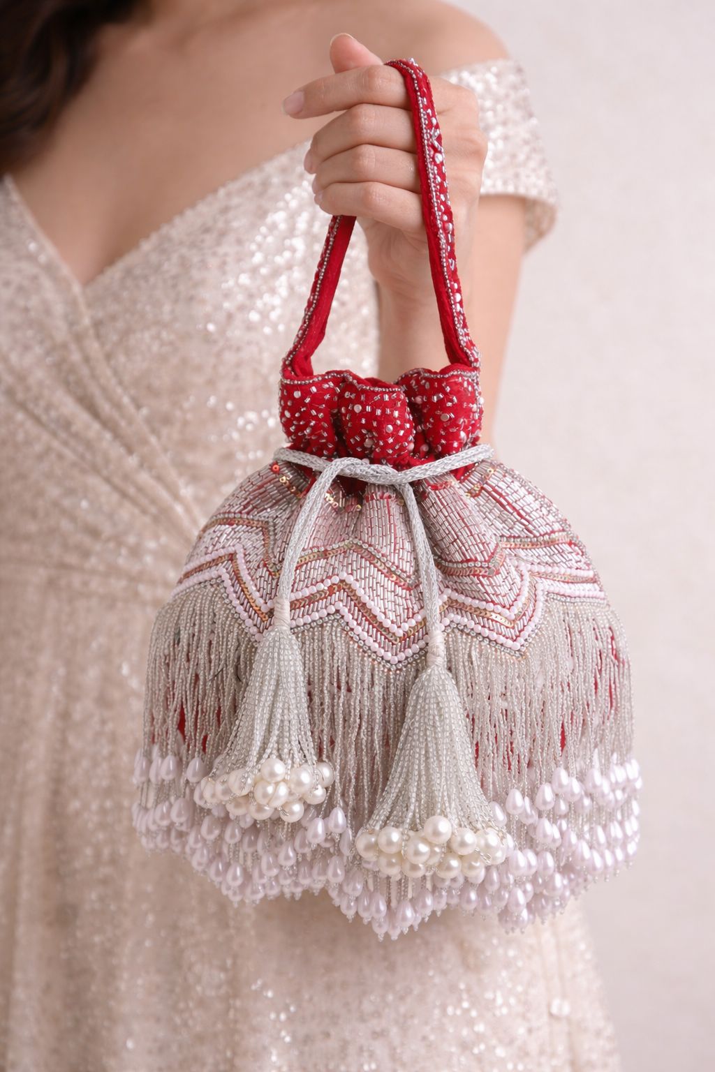 Zaira Pearl Fringe Potli Bag