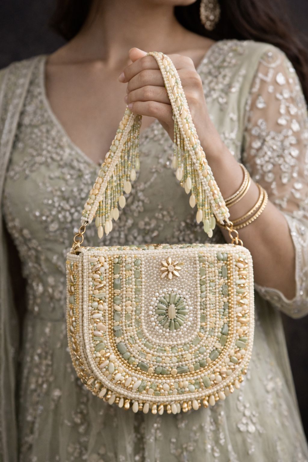 Mint Blossom Beaded Handbag