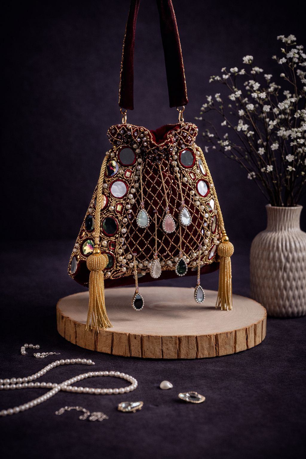 Royal Maroon Mirror Potli Bag