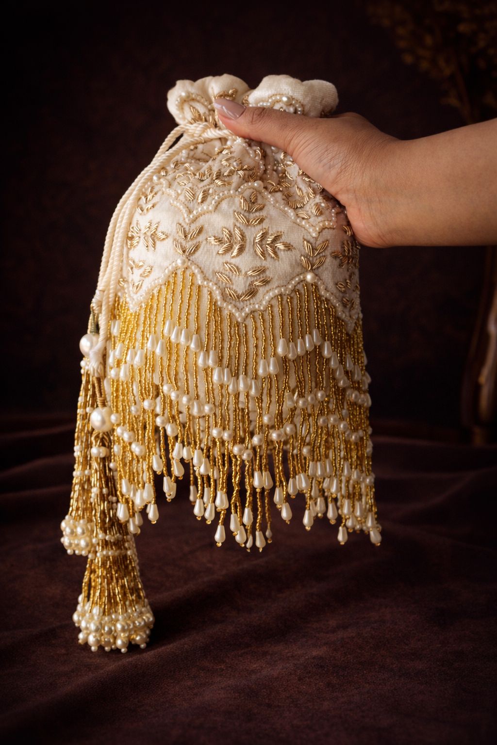 Ivory Pearl Cascade Potli