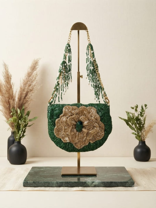 Emerald Bloom Beaded Bag
