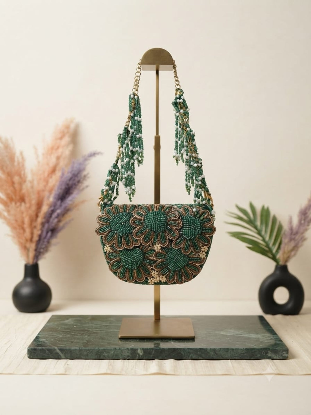 Emerald Petal Beaded Bag